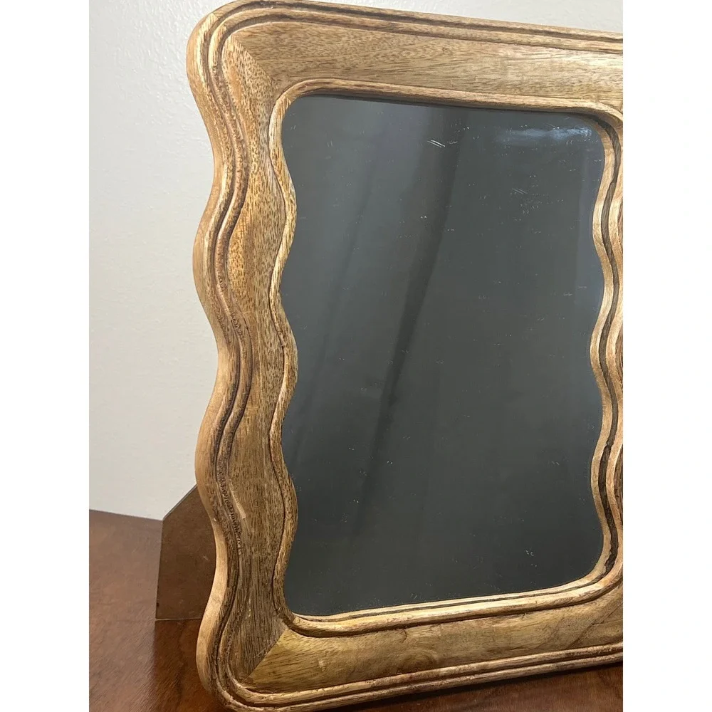 Wavy Wood Mirror Mango Wood Scalloped Brown Tabletop 12x10 Boho Cottage Decor
